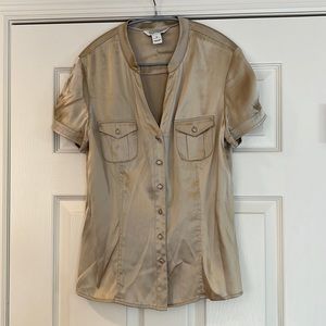 WHBM Gold Satin Short Sleeve Button-down Blouse